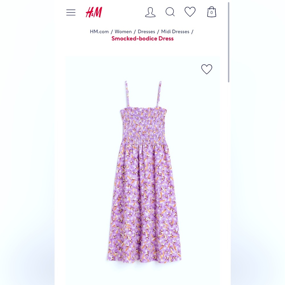 H&M purple floral smocked bodice midi length dress sz medium